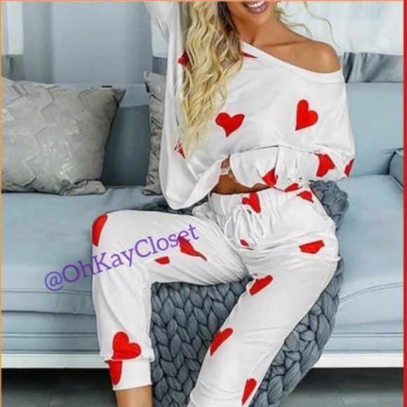 2PC set Hearts Long sleeve lounge comfy set breathable lightweight soft … - Picture 1 of 5